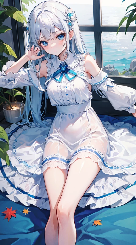 vestido blanco de enfermera,teta enorme,The top is buttoned at the chest.,girlish,Cabello largo azul claro,Ojos azul claro,cama blanca,浴室,Medias negras lence,cabello mojado,Freshly washed Fall to the floor