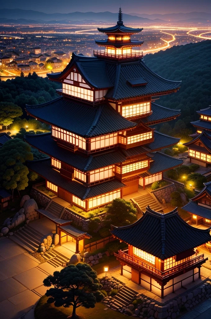 Azuchi Castle and castle town are lit up with torches at night