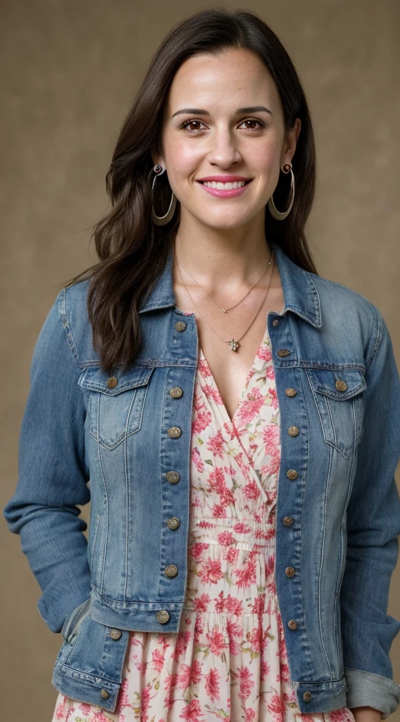 smiling woman with a necklace and earrings on her neck, this person does not exist, young woman in her 20s, with cute facial features, beautiful, petite body, wearing a floral sundress and sandals with a denim jacket on top, sanna marin-jordan hayes-lily james-sarah drew-kara dioguardi-phoebe fox-emma watson-jessica raine-dannel ackles-melissa fumero-allison tolman-ally sheedy-andi dorfman merged, entire body visible, full body, hyperrealistic, best quality, 8K, real human skin, masterpiece, extremely intricate, medium closeup, detailed eyes, detailed face, detailed body, exaggerated features, pronounced features