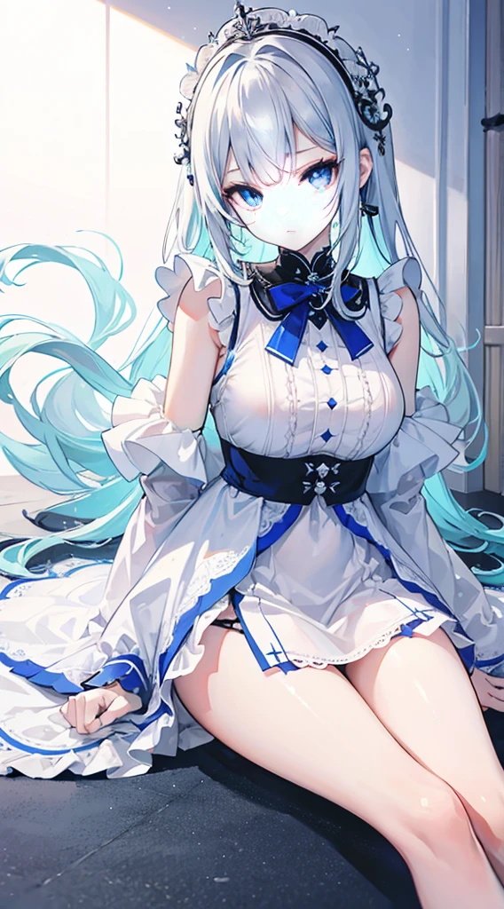 vestido blanco de enfermera，teta enorme，The top is buttoned at the chest.，girlish，Cabello largo azul claro，Ojos azul claro，cama blanca，浴室，Medias negras lence，cabello mojado，Freshly washed Fall to the floor