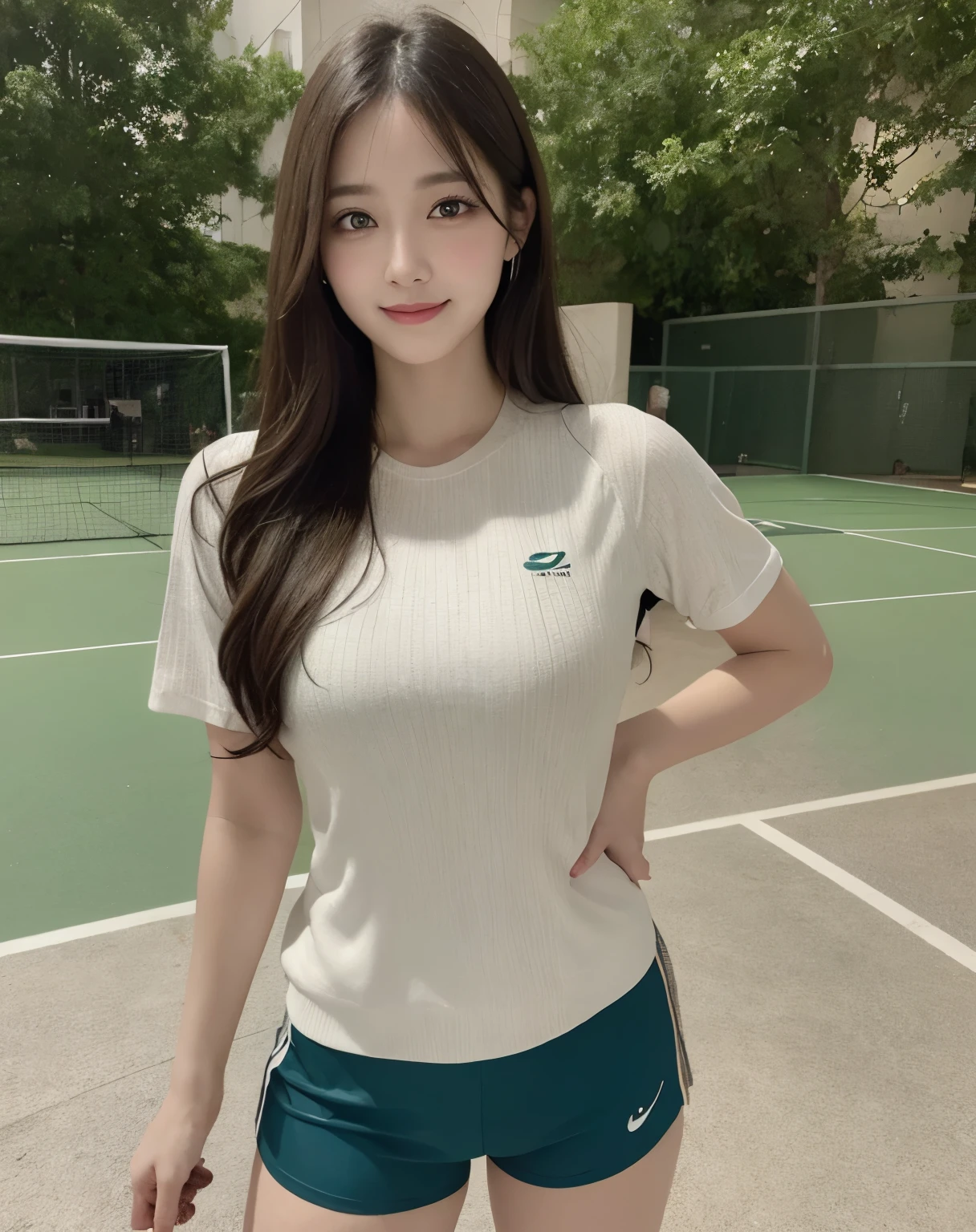 masterpiece, Best Quality, Illustration, Ultra-detailed, finely detail, high resolution, 8K Wallpaper, Perfect dynamic composition, Beautiful detailed eyes, medium breasts, Natural Color Lip, posing randomly, Smile, ((park)), 20 years girl, full body shot, long hair, ((wearing sport outfit)), looking in front, standing, tree, tennis court