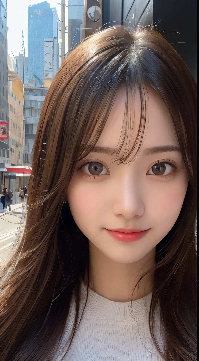 masutepiece, Best Quality, Illustration, Ultra-detailed, finely detail, hight resolution, 8K Wallpaper, Perfect dynamic composition, Beautiful detailed eyes, Winter dress,Medium Hair, Small breasts, Natural Color Lip,Smile,Big city、20 years girl、Midnight、beautifull detailed face、Perfect and beautiful face、slim face and style,Spread your arms wide,Big eyes,Take a photo from below the knees at a face angle