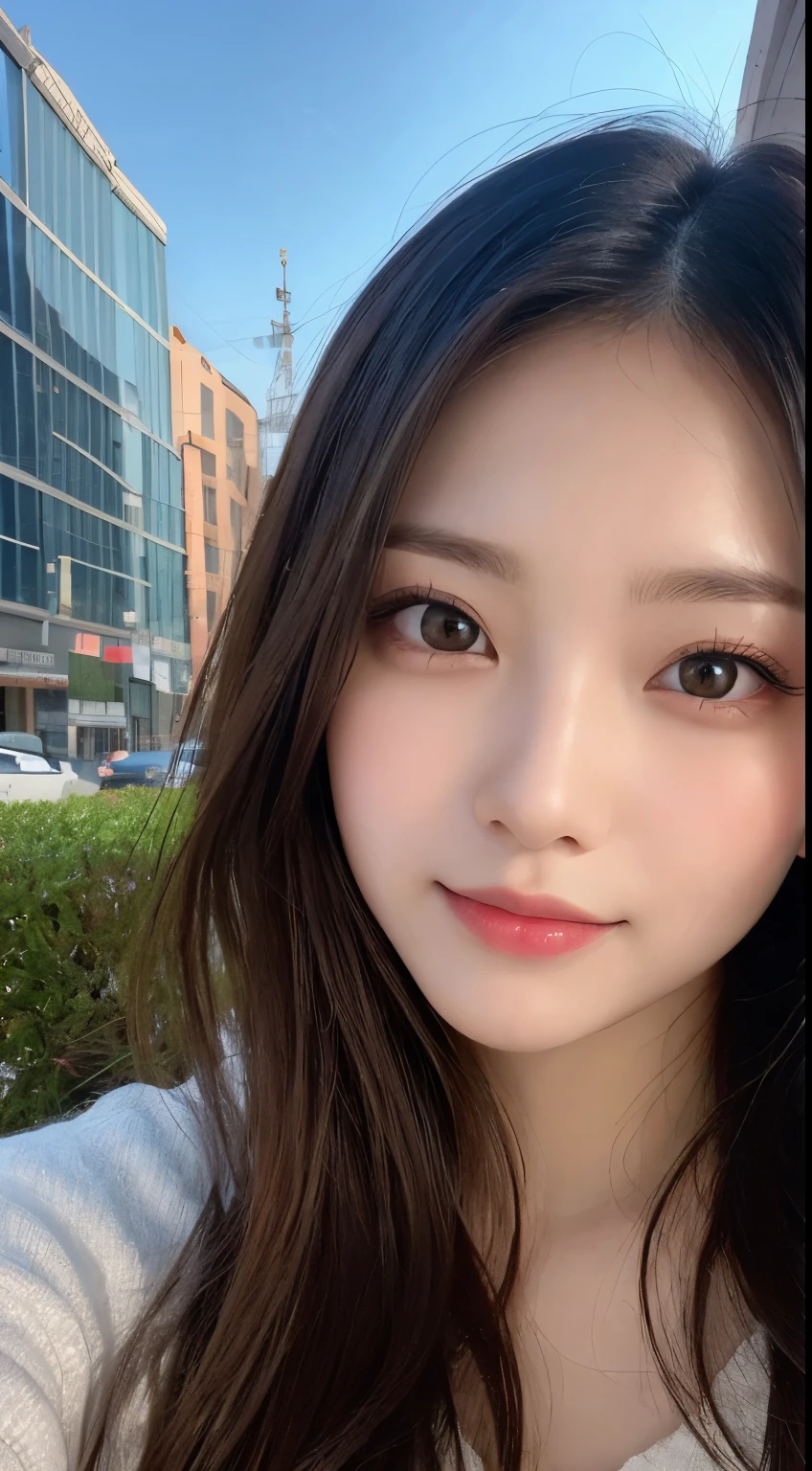 masutepiece, Best Quality, Illustration, Ultra-detailed, finely detail, hight resolution, 8K Wallpaper, Perfect dynamic composition, Beautiful detailed eyes, Winter dress,Medium Hair, Small breasts, Natural Color Lip,Smile,Big city、20 years girl、Midnight、beautifull detailed face、Perfect and beautiful face、slim face and style,Spread your arms wide,Big eyes,Take a photo from below the knees at a face angle