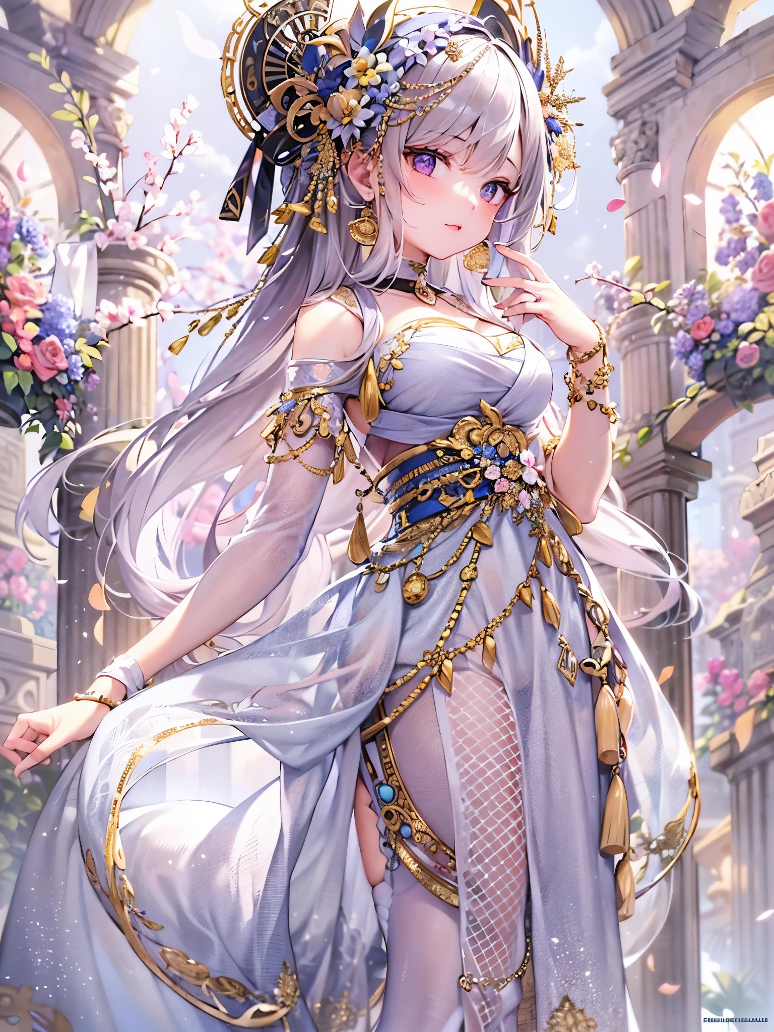 ((Finest quality)),(超A high resolution),(ultra-detailliert),(Meticulous portrayal),((Best CG)),(Finest works of art),Ultra-Precision Art,The art of astounding depiction,(Art with precise depiction in every detail:1.5), (1人の女性:1.6),((Ancient fashionable costume:1.7)),Beautiful and well-groomed face,Light makeup, glitter:1.6,Fluttering petals:1.6