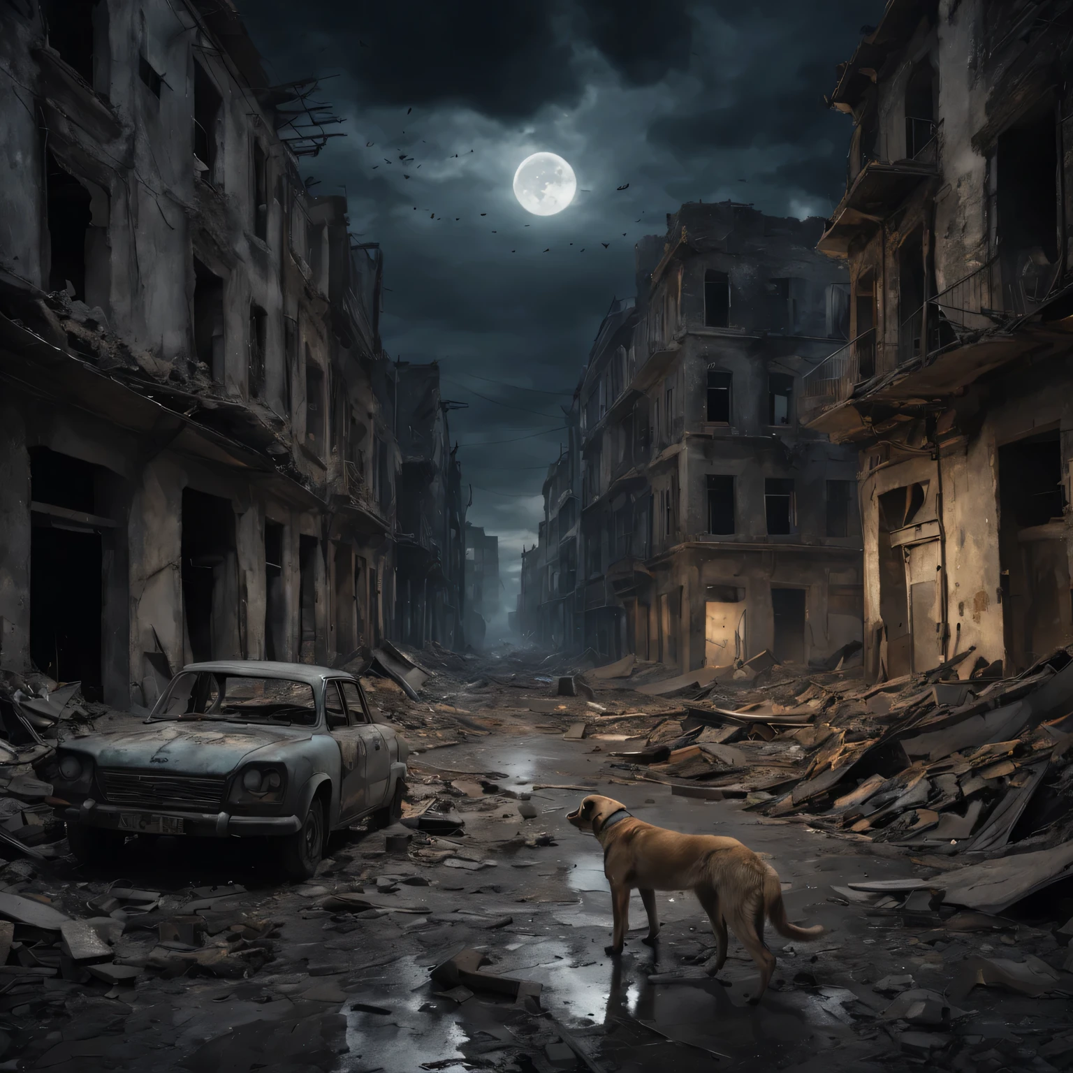 Cities destroyed by war,Dystopian landscape,nighttime scene,Clouds in the moonlight,Broken buildings,Crumbling infrastructure,Ominous atmosphere,Rubble and debris,Desolate streets,pastel colour,Doomsday scenario,Loneliness and despair,feeling of desolation and destruction,postwar remains,Remains of a once bustling city,desolate abandoned building,rotten building,reflection of destruction,A stray dog is looking for food,Stories of resilience and survival,signs of life in chaos,History carved in ruins,Abandoned vehicles,War-torn landscape,desolation and desolation,lightand shade contrast,despair and resilience,consequences of conflict。4K,8K,A high resolution,tmasterpiece:1.2,ultra - detailed,actual:1.37