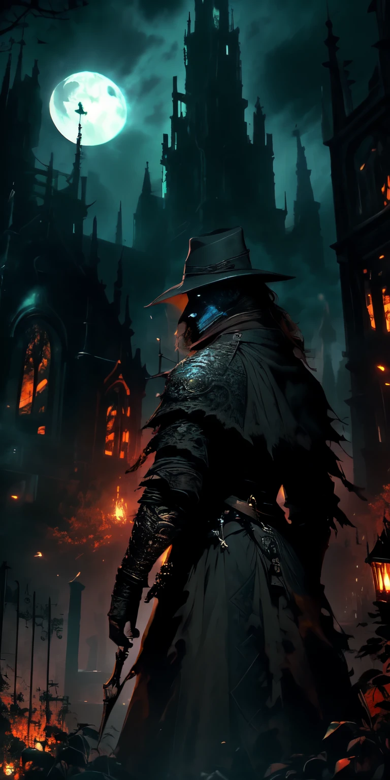 Van Helsing from Netherlands stands imposing in a gothic lost Amsterdam city. Moonlight highlights your muscles and scars. The scenery is lush and mysterious, with retrofuturistic tech and surroundings. The camera details everything.