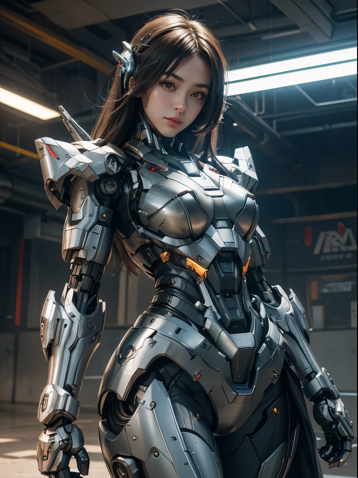 Textured skin, Super Detail, high details, High quality, Best Quality, hight resolution, 1080p, hard disk, Beautiful,(War Machine),beautiful cyborg woman,Mecha Cyborg Girl,Battle Mode,Girl with a Mecha Body,She wears a futuristic war machine weapon mech,Fulll body Shot