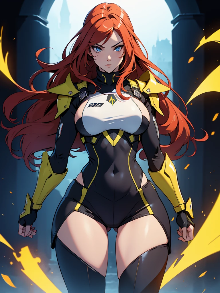 neon yellow, fantasy fighter, very long red hair, revealing armor, big hips, very small breasts, thick thighs, thin waist , plumb ass, extremely detailed face and eyes, absurdes, 4k, dynamic pose, dynamic shadows, beautiful lighting, pale skin