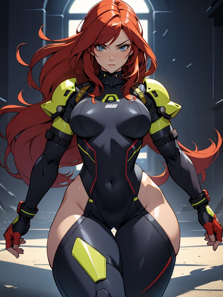 neon yellow, fantasy fighter, very long red hair, revealing armor, big hips, very small breasts, thick thighs, thin waist , plumb ass, extremely detailed face and eyes, absurdes, 4k, dynamic pose, dynamic shadows, beautiful lighting, pale skin