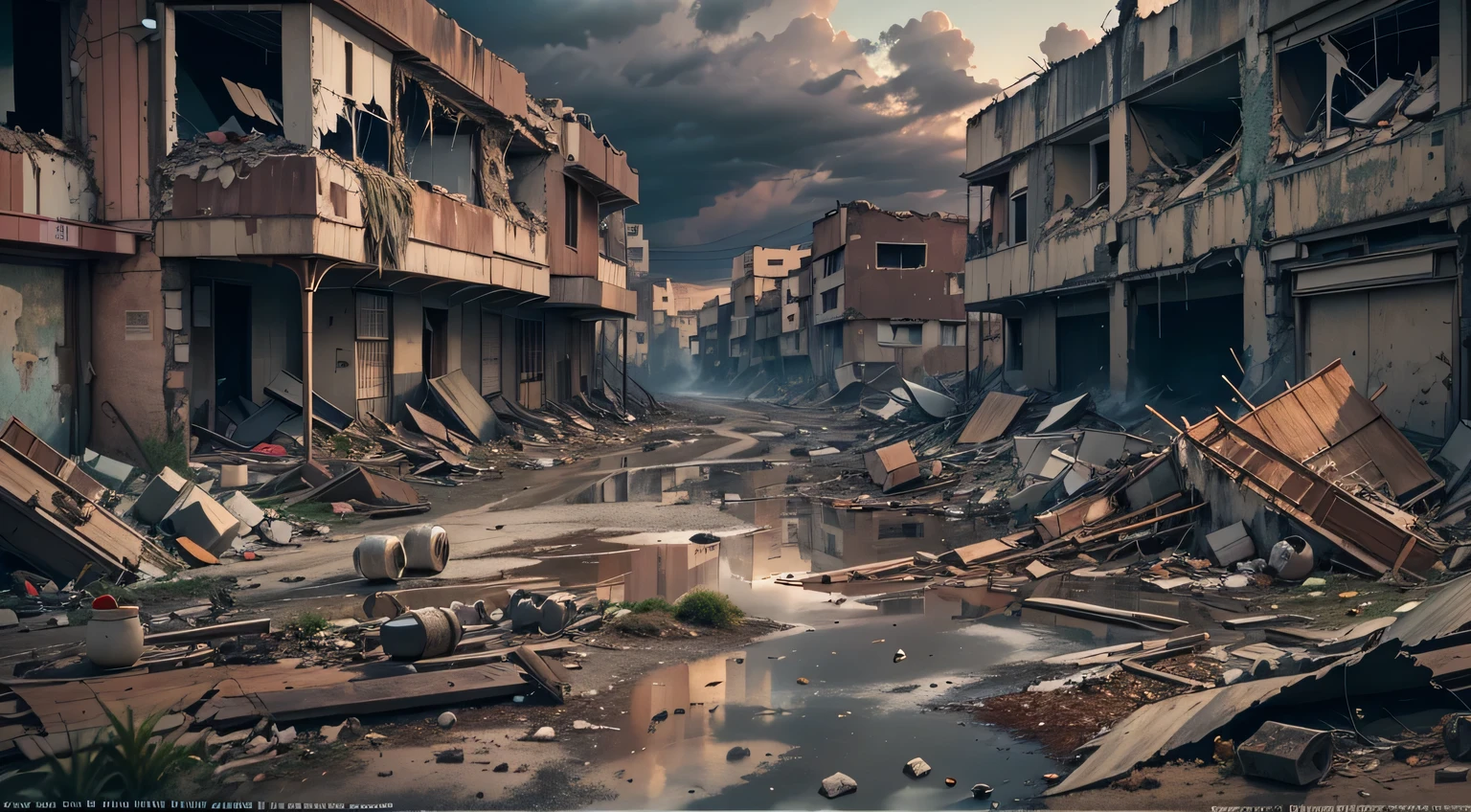 Cities destroyed by war，Dystopian landscape，(nighttime scene)，Clouds in the moonlight，Broken buildings，Crumbling infrastructure，Ominous atmosphere，Rubble and debris，Desolate streets，pastel colour，Doomsday scenario，Loneliness and despair，feeling of desolation and destruction，postwar remains，Remains of a once bustling city，desolate abandoned building，rotten building，reflection of destruction，A stray dog is looking for food，Stories of resilience and survival，signs of life in chaos，History carved in ruins，Abandoned vehicles，War-torn landscape，desolation and desolation，despair and resilience，consequences of conflict。4K,8K,A high resolution,tmasterpiece:1.2,ultra - detailed,actual:1.37