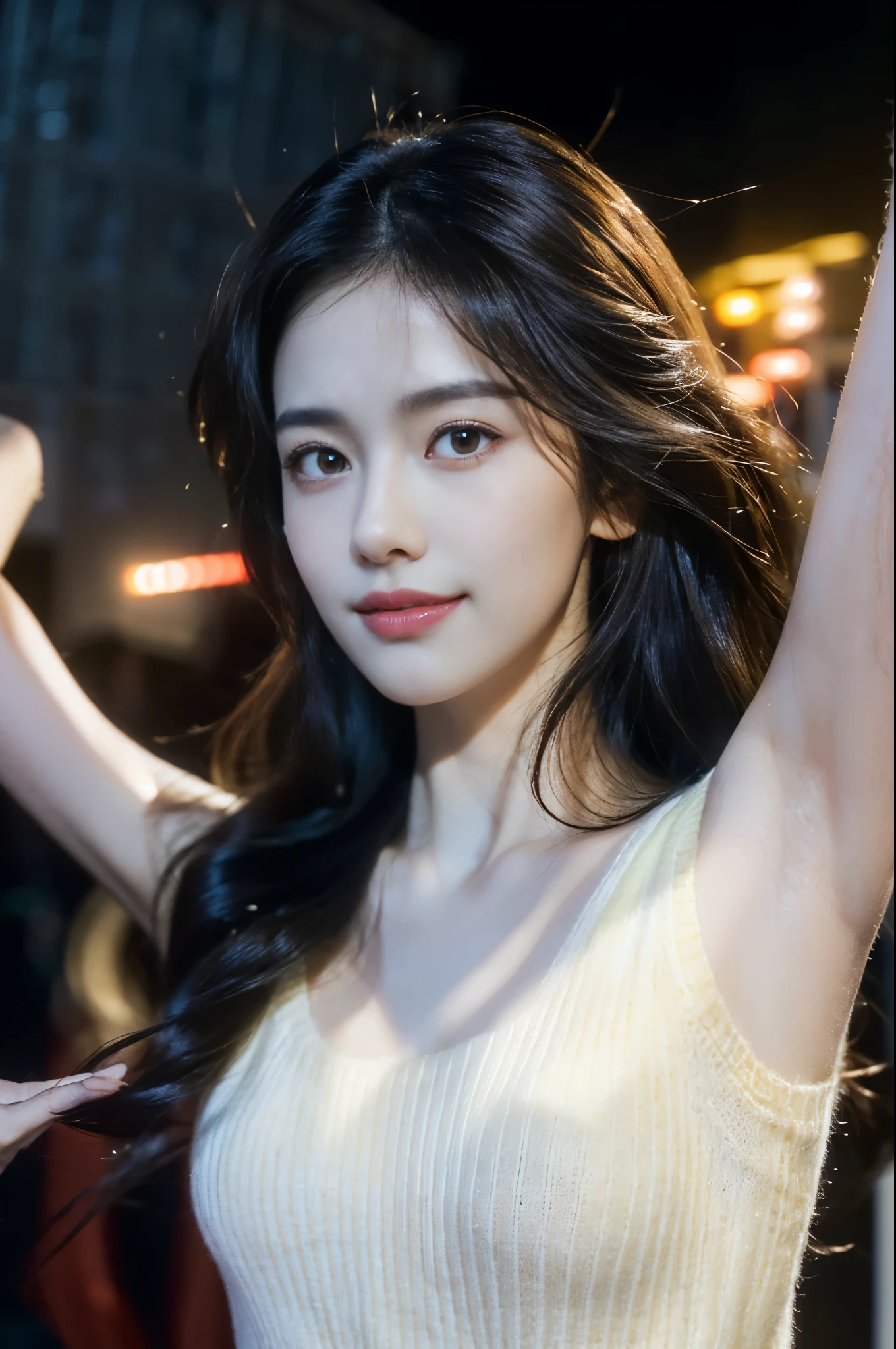 ((((8k))),((Extremely meticulous CG)) ,(wallpaper),16k,((Extremely refined and beautiful))，(((Masterpiece))),(((best qualtiy))),(((Ultra High Resolution))),beautiful light up,Perfect lightning,realistic shaded,[A high resolution],(Smooth and flawless fair skin:1.5),(pale skin:1.3),Extremely exquisite facial details,(perfect body：1.1),ultra - detailed,A beautiful girl,solo,small head,(long curly hair:1.1),(Hair fluttering:1.1),small face,Exquisite makeup,(small breasts:1.1),flat chests,slim,thin,happy,(Smile:1.2),(Red high collared sleeveless sweater:1.3),(Raise arms up:1.2),(hairy armpits:1.2),(night scene:1.5),outdoor,(on the Hongkong street:1.2),winter,(detailed background:1.5),standing,(close-up of face:1.2),(from front:1.2)