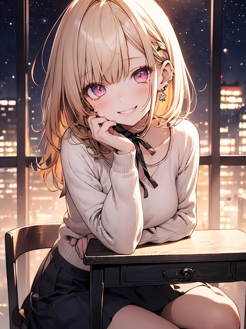 masterpiece, absurdres, best quality, ultra detailed, high Resolution, detailed illustration, extremely beautiful detailed face and eyes, bright colour, 1girl, (loli), cute face, Delicate beautiful face, magenta eyes, cute eyes, sparkling eyes, big eyes, medium breasts, (perky breasts:1.1), (pointy breasts:1.1), medium hips, glamorous body, white skin, grin, BREAK, long bob cut, (blonde hair:0.8), messy hair, detailed hair, shiny hair, BREAK sweater, long skirt, tiny ribbon, study, at class room, desk, note, sitting chair, universe, real world, natural lights, perfect lighting,