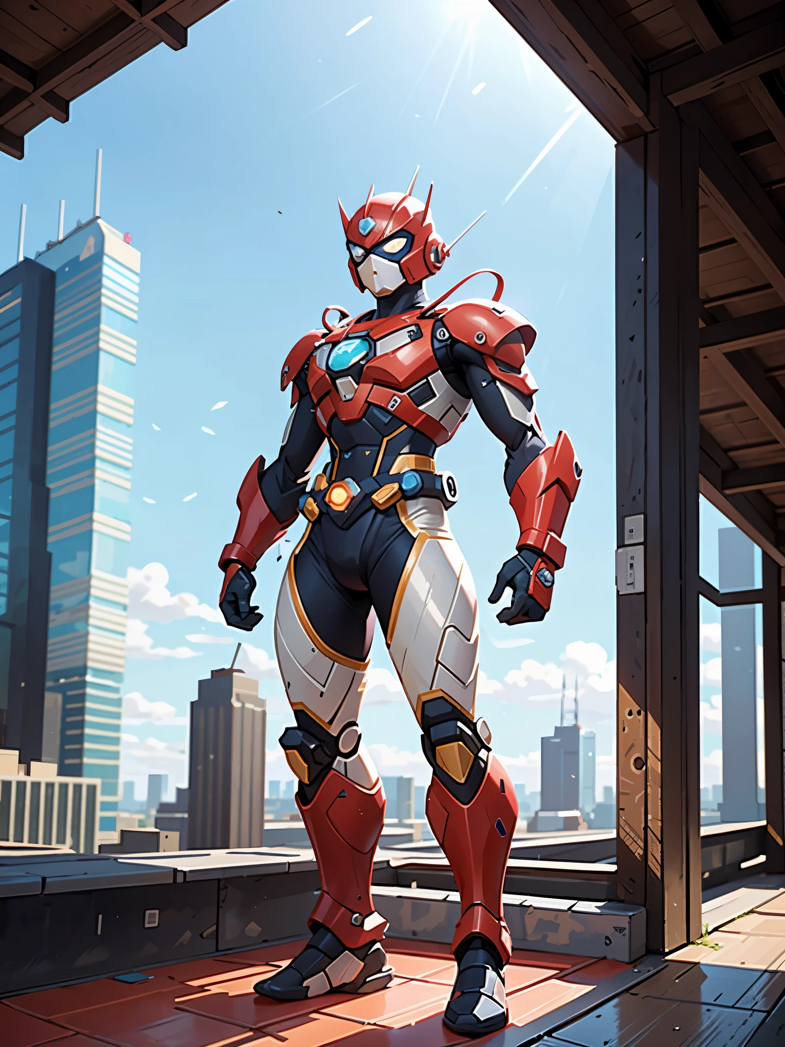 A super a high-tech biotech battle suit, standing on a rooftop, looking over the city, Japanese tokusatsu and American comic style, biometallic texture of the suit, sleek and shiny, dynamic, fast, natural light, cinematic, high quality, high resolution, high detail, sophisticated design, dramatic, high definition, ultra-detailed, ultra-fine painting, extremely delicate, creativity, Natural light, cinematic lighting, best shadow, masterpiece-anatomy-perfect