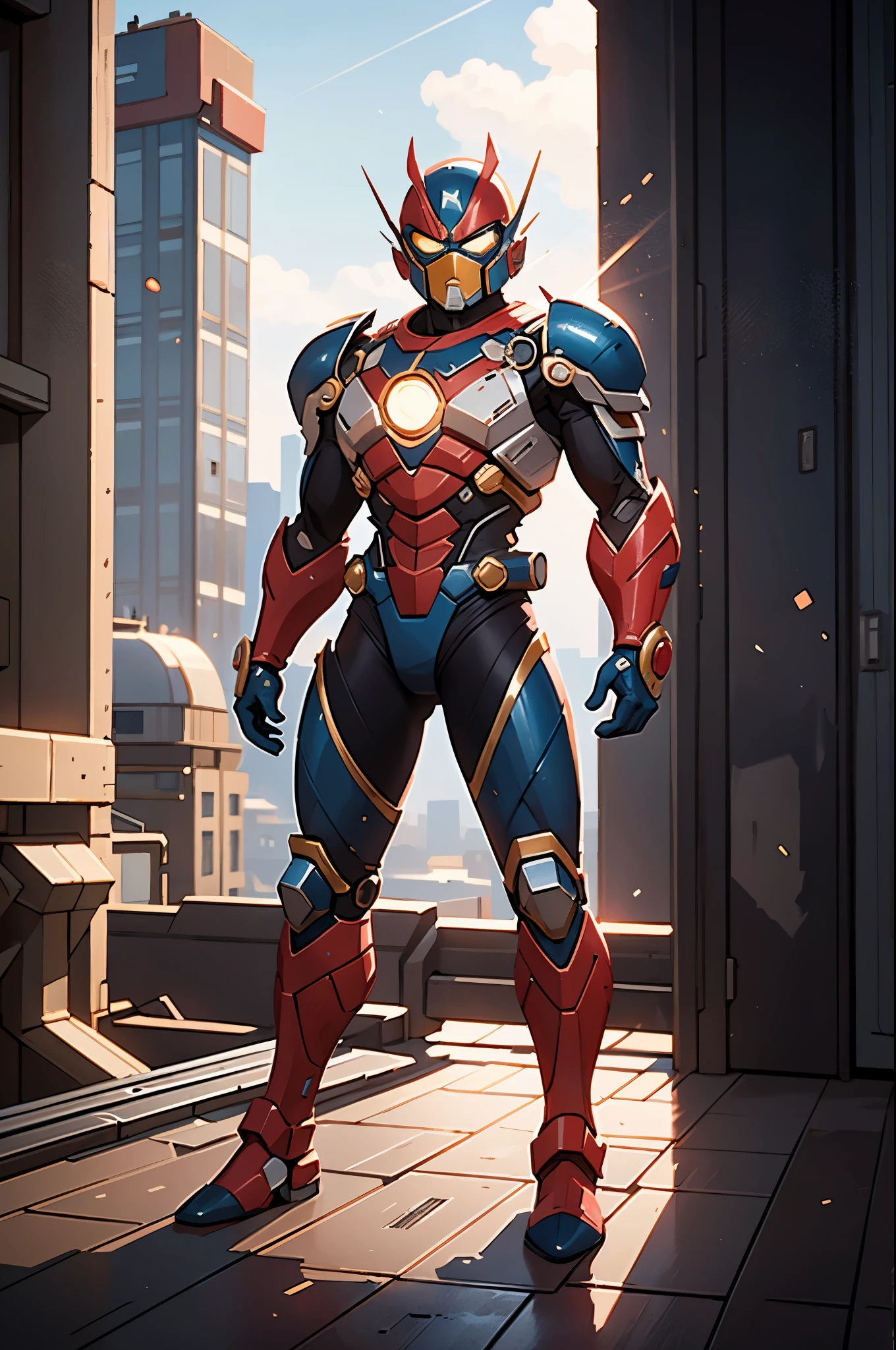 A super a high-tech biotech battle suit, standing on a rooftop, looking over the city, Japanese tokusatsu and American comic style, biometallic texture of the suit, sleek and shiny, dynamic, fast, natural light, cinematic, high quality, high resolution, high detail, sophisticated design, dramatic, high definition, ultra-detailed, ultra-fine painting, extremely delicate, creativity, Natural light, cinematic lighting, best shadow, masterpiece-anatomy-perfect
