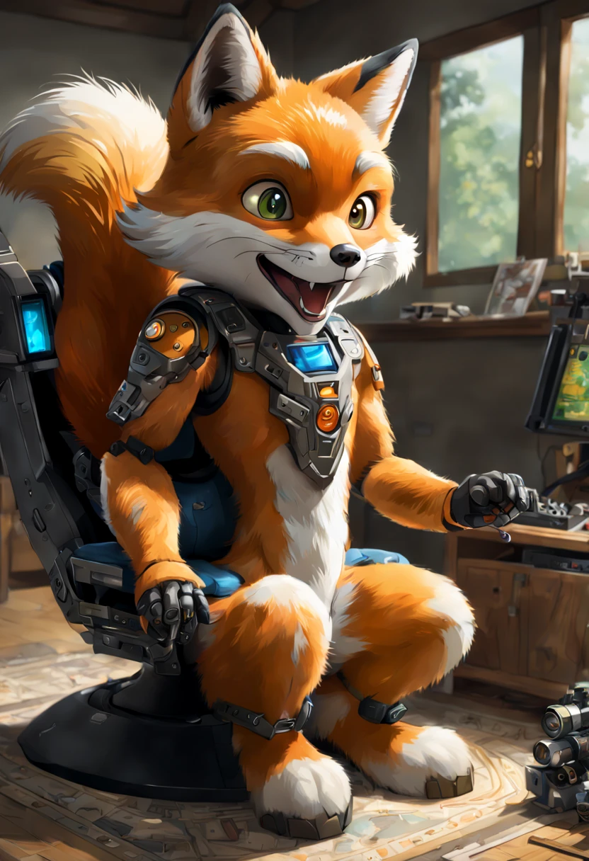 (masterpiece), super detailed, best quality, ultra high res, highres, 8k, UHD, HDR, art by mooncryptowow, Children, laughing, fox is playing console games in the room