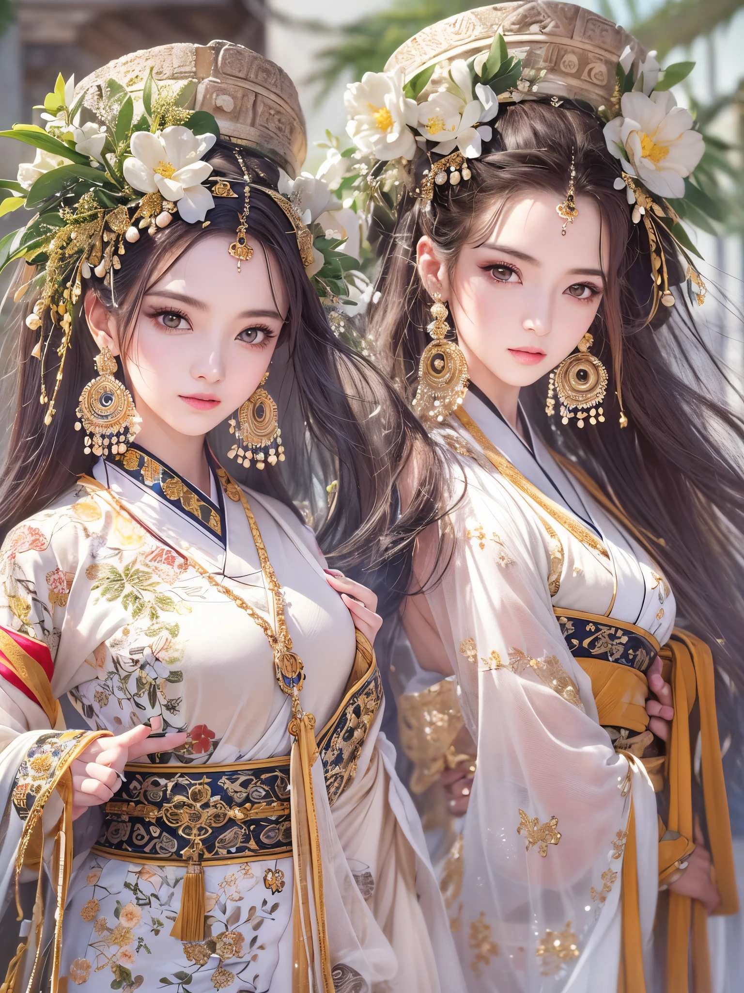 Generate image of the two characters described in a sakura field, in medieval fantasy art style, legend of the 5 rings, OpenArt SDXL model. Show 2 characters one beside two in the same frame
Yoyimbo, he is a humanoid creature with the appearance of a samurai, standing 2 meters tall. He wears heavy Japanese-style Yoroi, with a Kabuto and mempo mask. The armor is predominantly WHITE color with black accents, and the mempo reveals only the magical yellow glow of his eyes. He stands exuding a powerful and imposing presence.
Rioko, she is a young and attractive girl, 21 years old, with an oriental appearance. She has long black hair and stands 1.60 meters tall. She is dressed in a kimono that is predominantly RED color with gold accents, and her face shows a compassionate gaze. She stands complementing Yoyimbo with her graceful and serene presence.