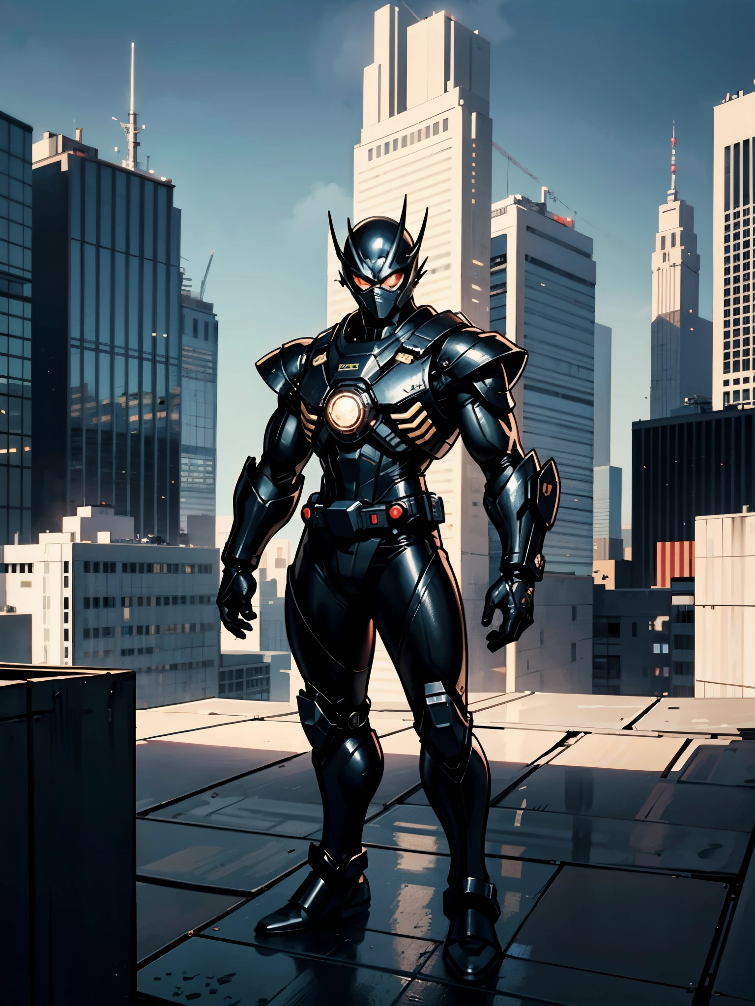 A super a high-tech biotech battle suit, standing on a rooftop, looking over the city, Japanese tokusatsu and American comic style, biometallic texture of the suit, sleek and shiny, dynamic, fast, natural light, cinematic, high quality, high resolution, high detail, sophisticated design, dramatic, high definition, ultra-detailed, ultra-fine painting, extremely delicate, creativity, Natural light, cinematic lighting, best shadow, masterpiece-anatomy-perfect