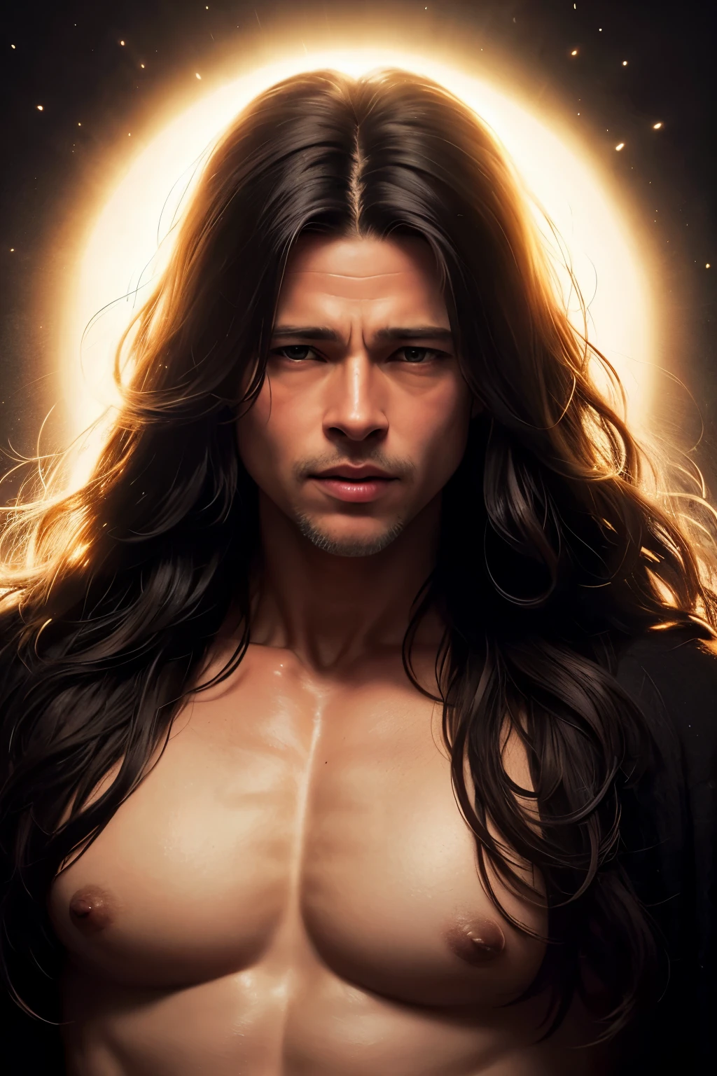 ((best quality)), ((masterpiece)), (detailed), perfect face, Brad Pitt, his face illuminated by a soft, warm glow as if emanating from within, his eyes piercing through the viewer. He is clad in gothic ancient clothes, made of dark, flowing fabrics adorned with intricate gold embroidery and jewels, revealing his toned physique. His skin has an ethereal quality, seemingly translucent in the dim light, and his long, dark hair falls in loose waves around his face, framing it elegantly. The background is shrouded in darkness, adding to the mysterious and otherworldly atmosphere. The lighting casts long shadows across his body, emphasizing his defined features and powerful presence. The overall impression is that of an ancient god, a darkness god, a being who has existed for millennia and has watched humanity rise and fall through the ages.