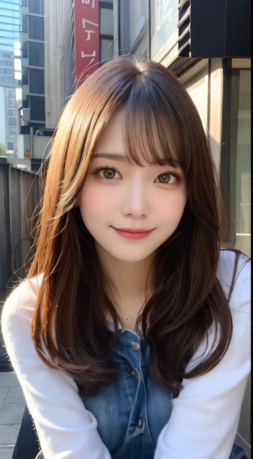 masutepiece, Best Quality, Illustration, Ultra-detailed, finely detail, hight resolution, 8K Wallpaper, Perfect dynamic composition, Beautiful detailed eyes, Winter dress,Medium Hair, Small breasts, Natural Color Lip,Smile,Big city、20 years girl、Midnight、beautifull detailed face、Perfect and beautiful face、slim face and style,Spread your arms wide,Big eyes,Take a photo from below the knees at a face angle