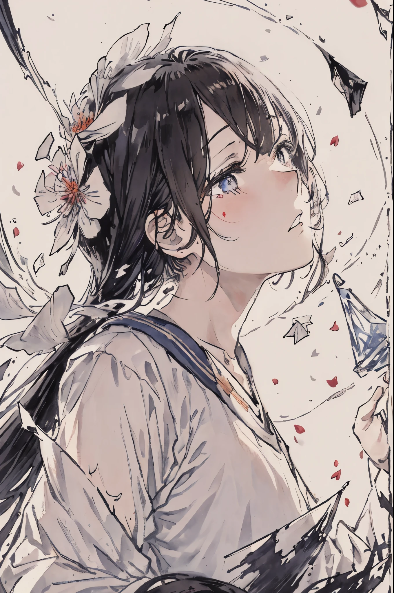 up of face、Broken vase、Cover your face with your hands、falling petals、a sailor suit、A dark-haired、Moist eyes、glass shards、Pure white background、wounds