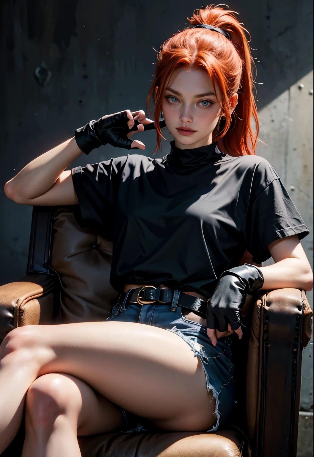 Redhead, blue eyes, black shorts, black t-shirt, pretty, ponytail, 21 years old, black gloves, so beautiful, crossed legs, sitting in the armchair
