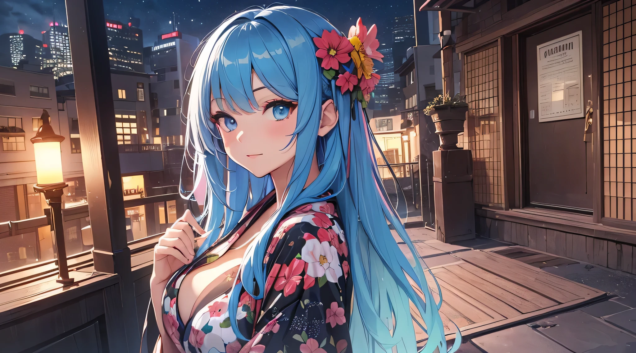 top-quality、Top image quality、masterpiece、s girl((18year old、 Ager、Best Bust、Medium bust,wide open breast tea、light blue eyerest, Black and light blue hair、A slender,Large valleys、dye one's cheeks red、Black yukata、running motion)),hiquality、Beautiful Art、Background with((Inside the inn、Night Hostel、jpn、skyrocket))、masutepiece、depth of fields、movie、