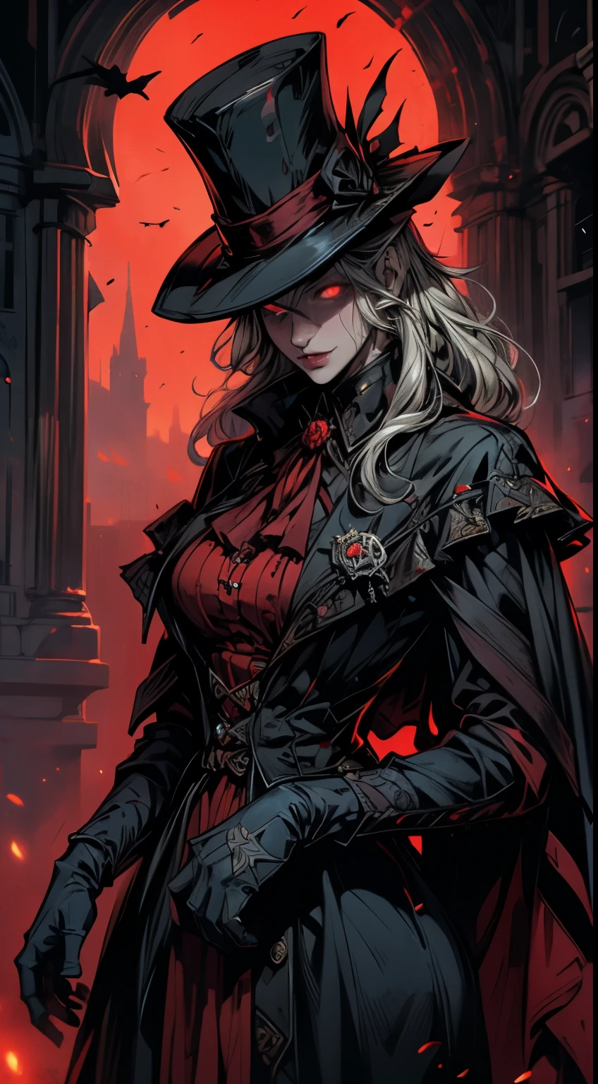 （comical，A high resolution，super-fine），（Vampires），（((Red glowing eyes))）looks into camera，Evil eyes in the shadows，Clear facial features，（Top hat），Vampire fangs exposed，Wear gorgeous gothic dresses，Silvery hair，rosette，Skull decoration，the bats，The body is surrounded by red mist，rays of moonlight，Kingly temperament，cinematic rim light，The light is delicate，tmasterpiece，ultra - detailed，Epic composition，Super HD，high qulity，HighestQuali，32K