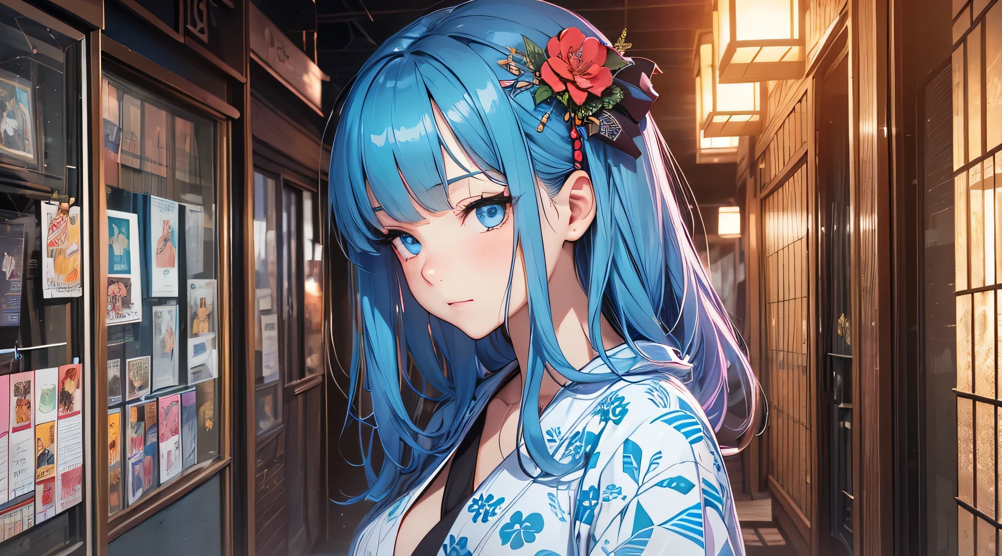 top-quality、Top image quality、masterpiece、teens girl((18year old、 Ager、Best Bust、Medium bust,wide open breast tea、light blue eyerest, Black and light blue hair、A slender,Large valleys、dye one's cheeks red、Black yukata、running motion)),hiquality、Beautiful Art、Background with((Inside the inn、Night Hostel、jpn、skyrocket))、masutepiece、depth of fields、movie、