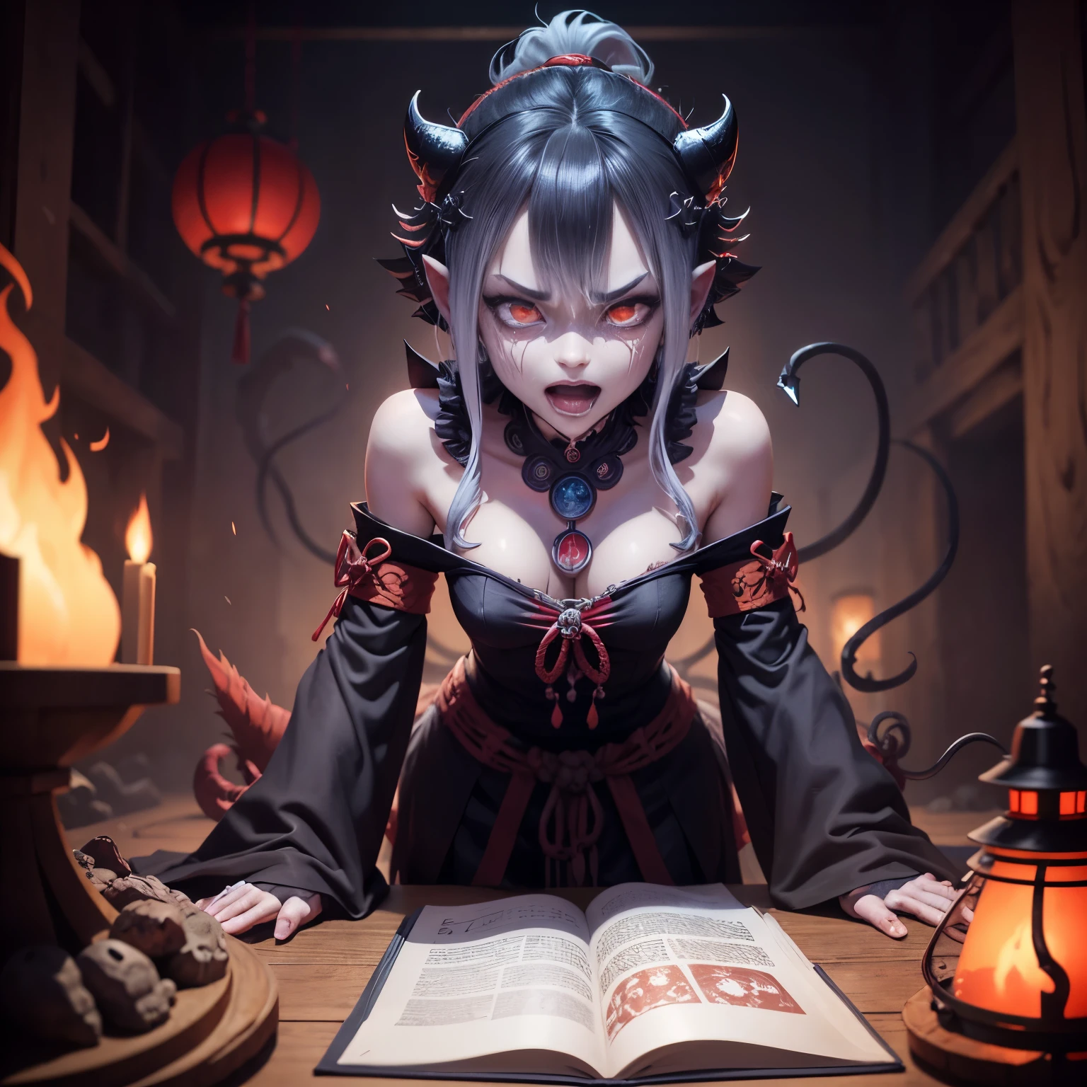 Ghoul, youkai, Oni, demon slayer, budismo, bestial skull, Shinto creatures, anime, Japan, hannya, correntes ensanguentadas, preso, ossos Behemoth, manic eye aberration, membros suturados, tentacles, ossos, dentes, presas afiadas, acorrentado, expression of insanity, loucura, dungeon dungeon environment, inferno, Hades, manga, 8k, qualidade ultra HD.