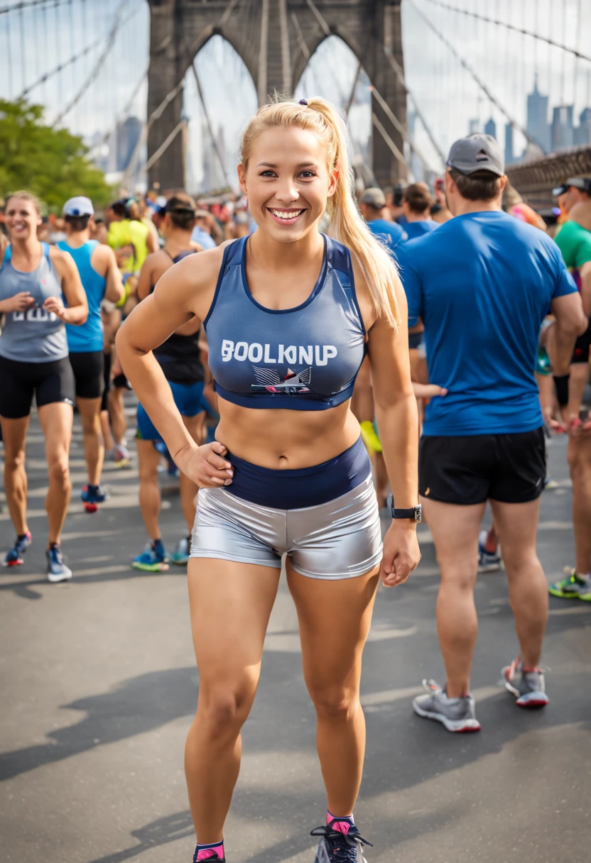 ultrarealistic high quality photo of a beautiful young c-cup european woman with cute face and dyed blonde pigtails hair and beautiful smile, wearing casual bandeautop and silver spandex shorts, full body outdoor photography, public park with many other people, new york marathon on brooklyn bridge