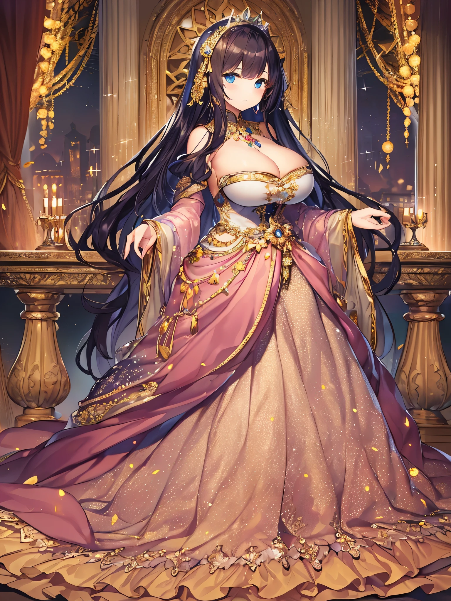 ((anime artstyle)),(Masterpiece),(Best Quality), (Super Detail),((Very Delicate and Beautiful)),(((Solo))),((full body)),(((1 princess in beautiful embroidery and jeweled gorgeous princess rococo ballgown with voluminous full length hoop skirt))),((crinoline)),Long train,((bling-bling)),(gorgeousfull embroidery and lace),(gorgeous gemstone jewelry),detailed face and eyes,jewel-like eyes,((extremely voluminous straight Hair,Very Long Straight Hair)),(((gigantic boobs))),cleavage,gorgeousfull hair ornament,((gorgeousfull glitter jeweled tiara)),throne room,(standing in castle),luxury palace,Dynamic Angle,Looking at viewer,((beautiful embroidery and jeweled gorgeous princess rococo ballgown with voluminous full length hoop skirt))