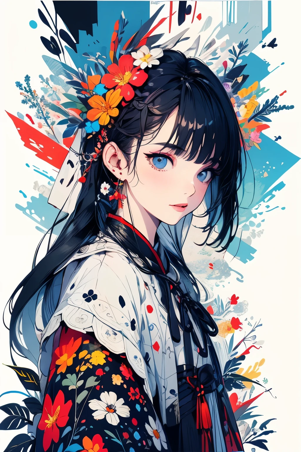 (masterpiece、top-quality、top-quality、Official art、Beautifully Aesthetic:1.2)、Painterly、sketch、Texture、超A high resolution、独奏、Beautuful Women、A highly detailed、(Fractal Art:1.1)、(colourfull:1.1)(florals:1.6)、The most detailed、(Zentangle:1.2)、(Dynamic Poses)、(Abstract background:1.3)、(shinny skin)、(Many colors:0.8)、、(耳环:1.4)、(pluma:0.9)、Taisho romance