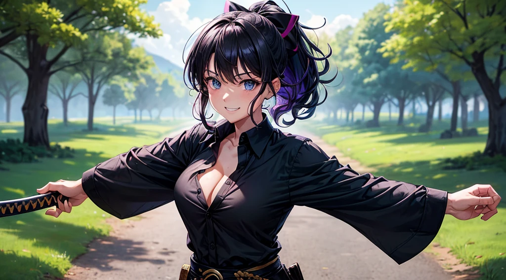 1girl, solo, village, trees, colorful hair, curly hair, ponytail, large breasts, button down shirt, ninja, ((black shirt)), ((unbuttoned shirt)), ((short sleeved shirt)), blue eyes, black shorts, katana, grin, looking at the viewer, ((standing)), hair ribbon, bandage