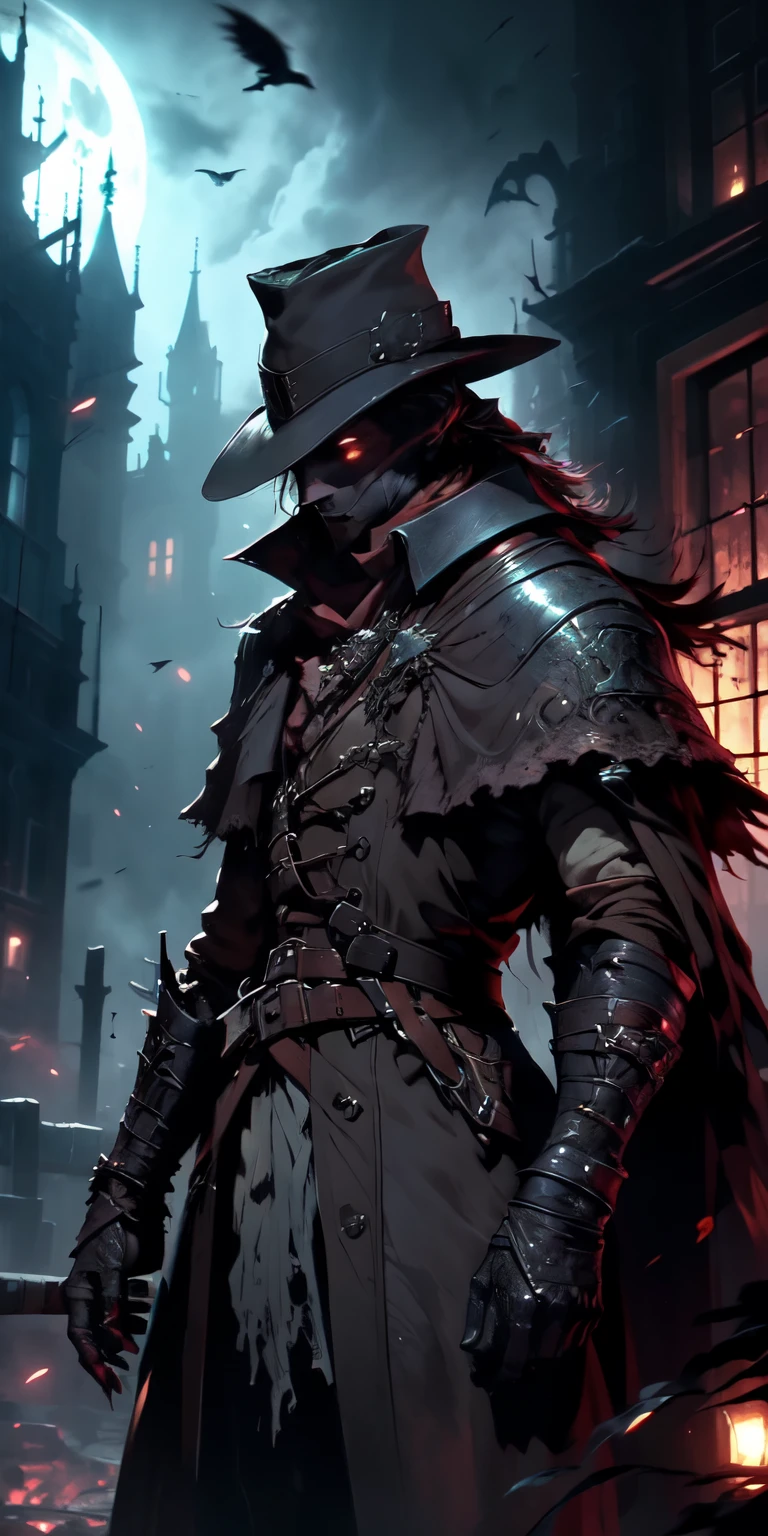 Van Helsing from Netherlands stands imposing in a gothic lost Amsterdam city. Moonlight highlights your muscles and scars. The scenery is lush and mysterious, with retrofuturistic tech and surroundings. The camera details everything.  , (((Bloodborne hunter)))