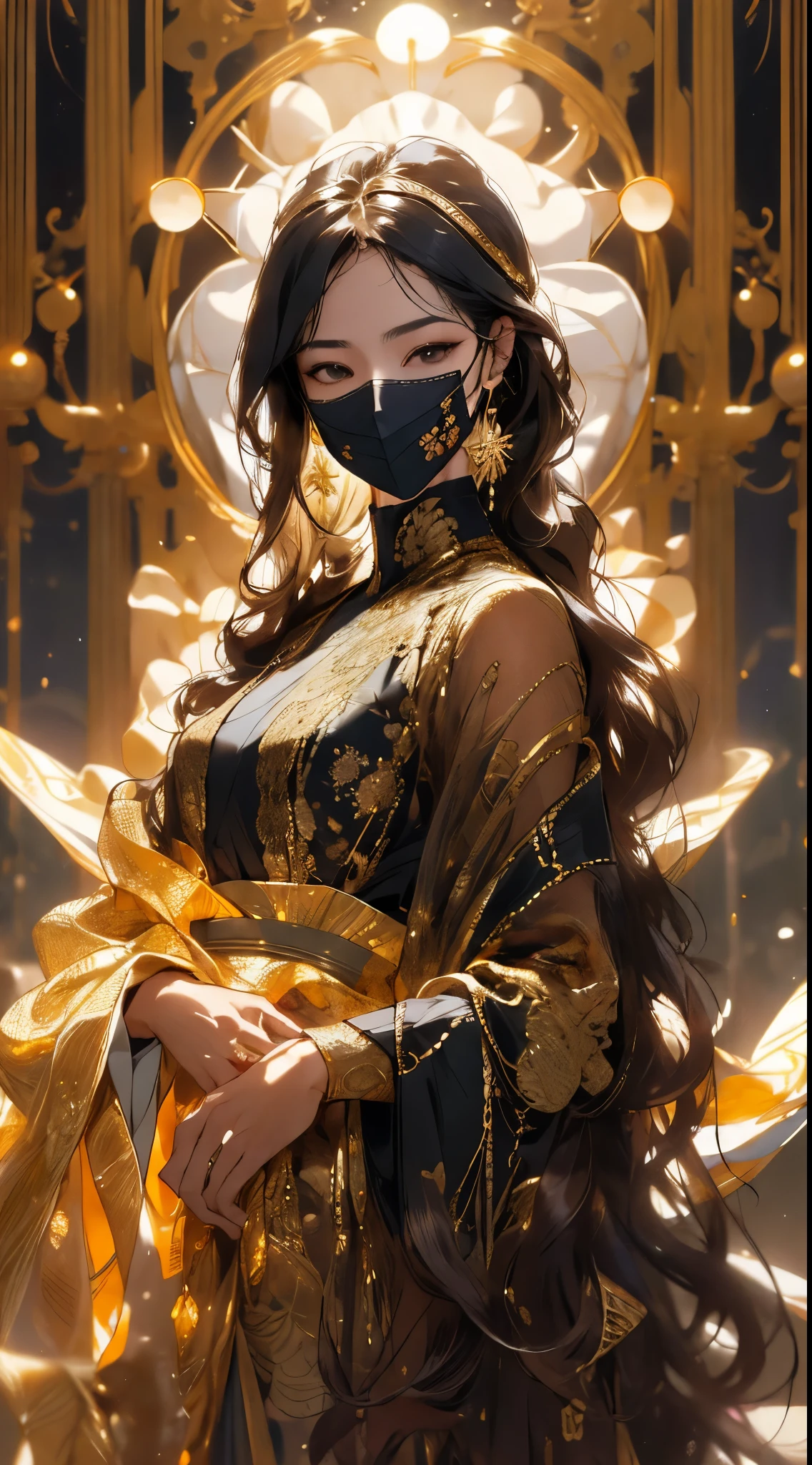 有着meticuloso的长卷发、Curly and elegant supermodel, Dressed in gold (Translucent and delicate embroidery) (Metal surgical mesh mask) Para cobrir seu rosto, ((The mouth is covered)), wearing strange future fashion, Luxurious and intricate gold accents, cinematic photogtaphy, intricately details, carefully crafted, meticuloso, a gorgeous, max detail, Extremely aesthetic, bokeh, a professional shot of
