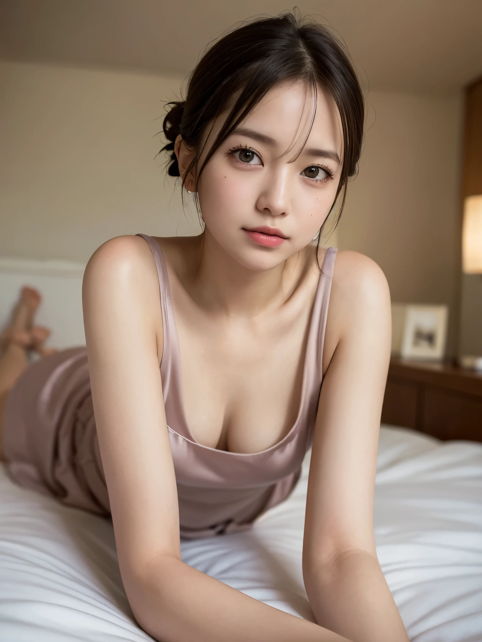 ((of the highest quality, 8K, masutepiece: 1.3, Raw photo)), Sharp Focus: 1.2, (1 AESPA Girl :1.1), Solo, (Realistic, Photorealistic: 1.37), (Face Focus: 1.1), Cute face, hyperdetailed face, short messy hair, (updo: 1.2), Small breasts, flat chest, nude, (Neat silk dress), hotel bedroom, (lying on the bed: 1.3), Cinematic Lighting, (Thigh:1.1),