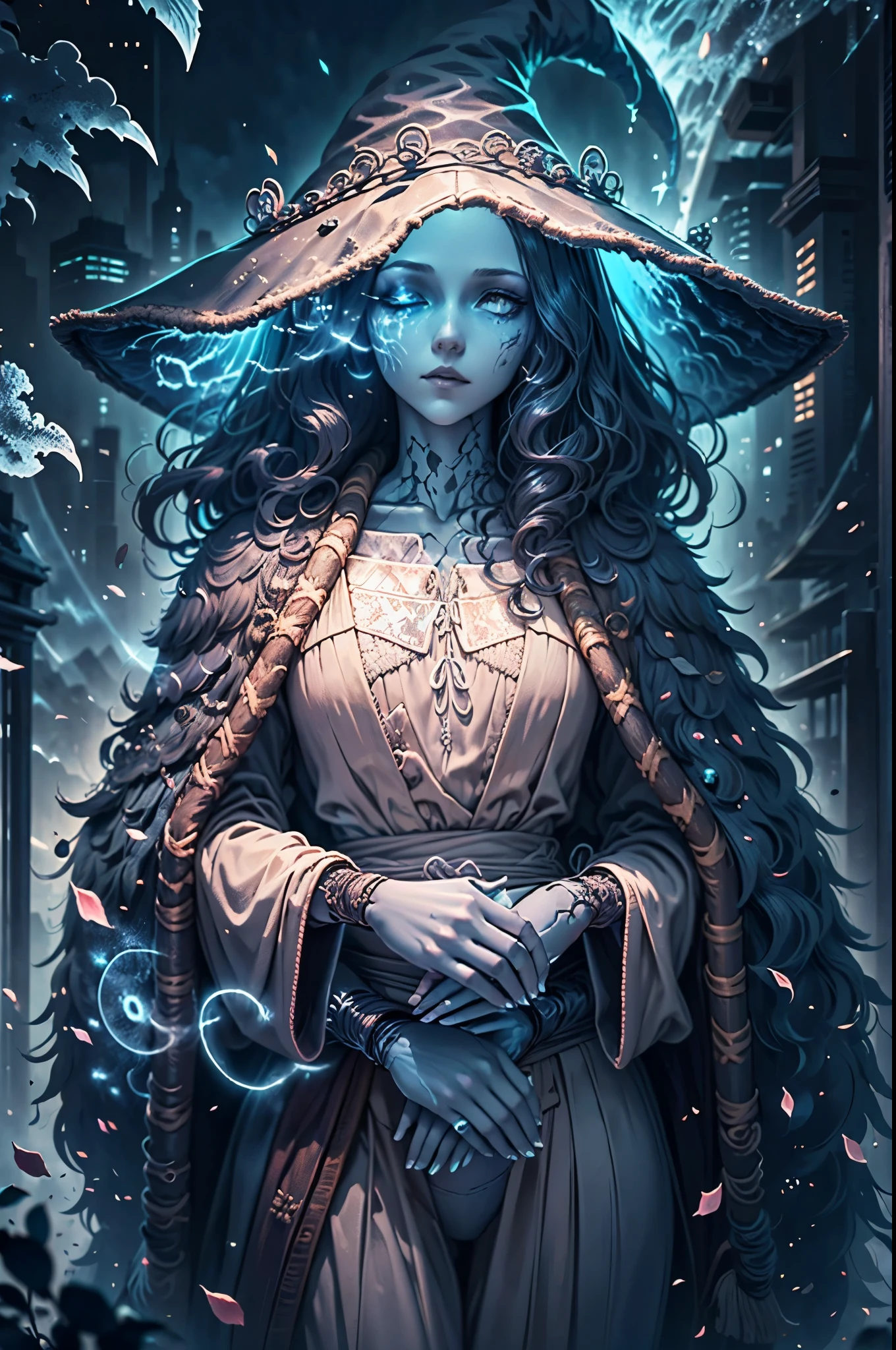 Luna Ranni a woman dressed as a witch , , alphonse mucha and rossdraws, glowing blue, priestess in a conical hat, cgsociety, half body, upper body, pale blue skin, blue flowing long hair, four arm, good anatomy hand, five fingers hand, detailed clothes, glowing eyes,