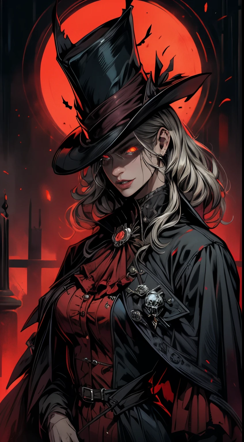 （comical，A high resolution，super-fine），（Vampires），（((Red glowing eyes))）looks into camera，Evil eyes in the shadows，Clear facial features，（Top hat），Vampire fangs exposed，Wear gorgeous gothic dresses，Silvery hair，rosette，Skull decoration，the bats，The body is surrounded by red mist，rays of moonlight，Kingly temperament，cinematic rim light，The light is delicate，tmasterpiece，ultra - detailed，Epic composition，Super HD，high qulity，HighestQuali，32K