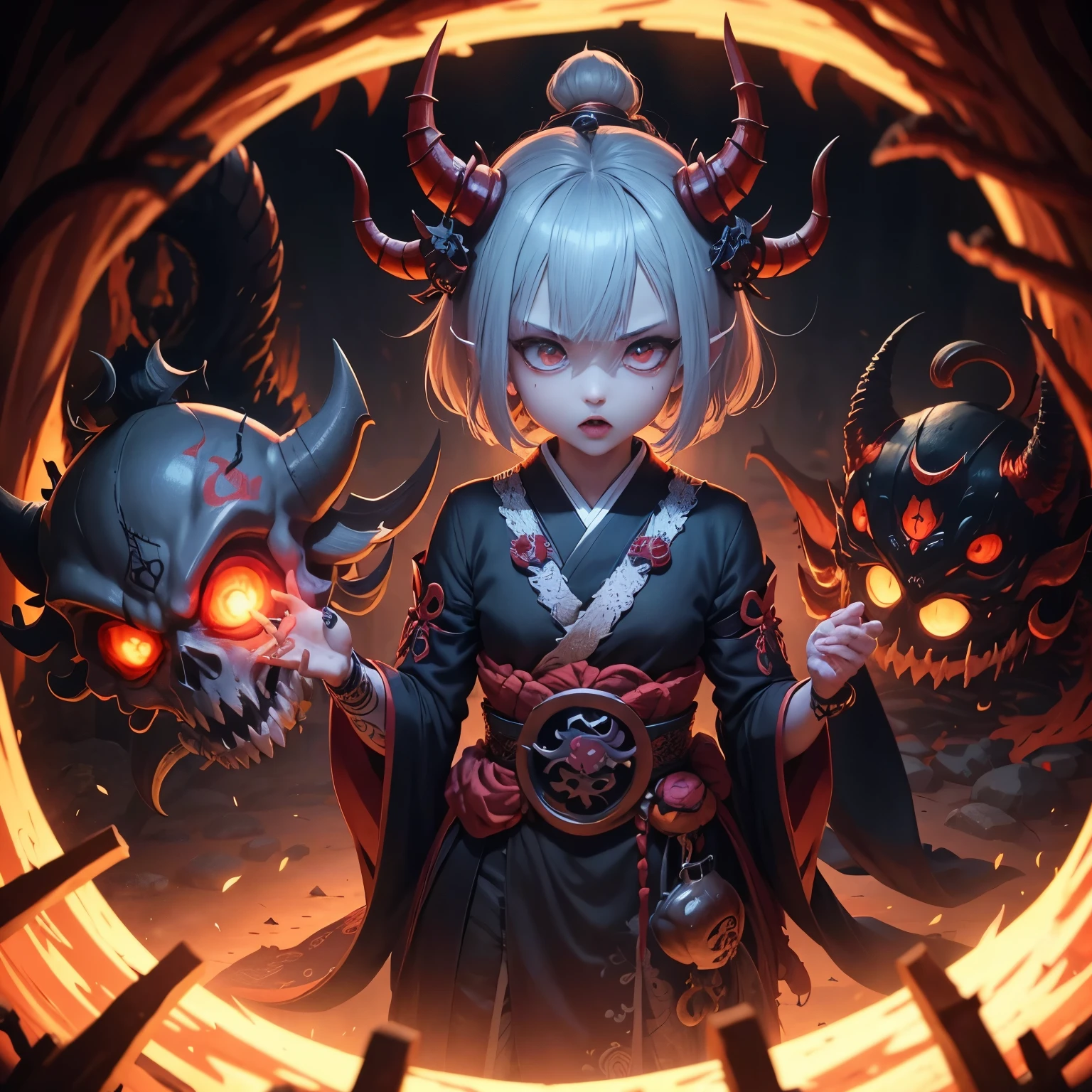 Ghoul, youkai, Oni, demonio, bestial skull, anime, hannya, correntes ensanguentadas, preso, ossos Behemoth, manic eye aberration, membros suturados, tentacles, ossos, dentes, presas afiadas, acorrentado, expression of insanity, loucura, dungeon dungeon environment, 8k, qualidade ultra HD.