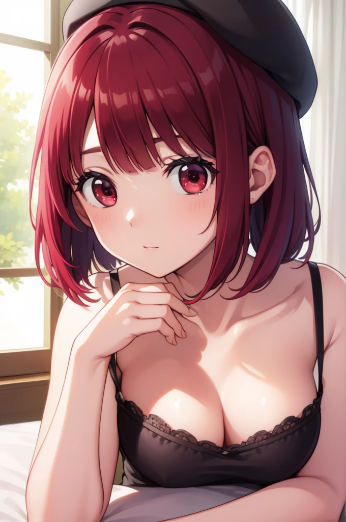 Arima Kana、Arima Kana、bob cuts、(Red eyes:1.5)、Red-haired、short-hair、BREAK is a beret、(Wariza sitting on the bed:1.2)、(Put your left hand on your chest:1.2)、BREAK while watching the audience、Indoor BREAK、bedroom、White ruffled bra、White panties,the morning sun、white light shines、window、BREAK(masuter piece:1.2)、Top image quality、Yes in high resolution、 Unity 8K wallpapers、(illustratio:0.8)、(beatiful detailed eyes:1.6)、extra detailed face、Perfect litthing、extremely details CG、(perfect hand、perfect anatomia)、