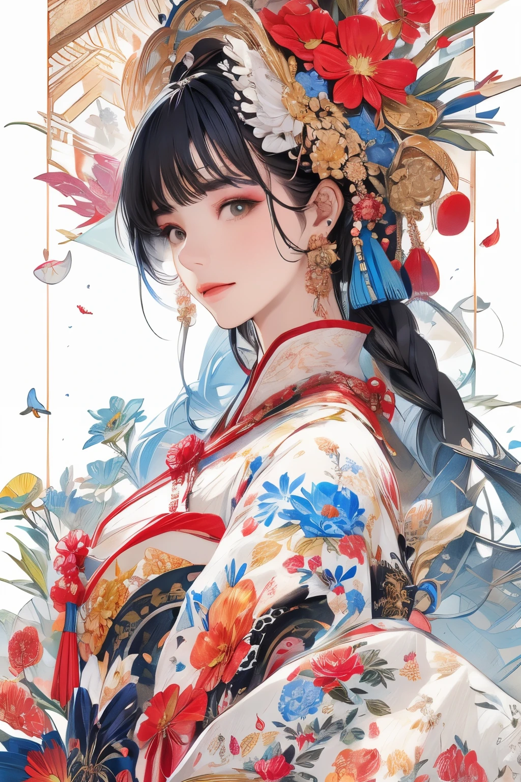 (masterpiece、top-quality、top-quality、Official art、Beautifully Aesthetic:1.4)、Painterly、sketch、Texture、超A high resolution、独奏、Beautuful Women、A highly detailed、(Fractal Art:1.1)、(colourfull:1.1)(florals:1.6)、The most detailed、(Zentangle:1.2)、(Dynamic Poses)、(Abstract background:1.3)、(shinny skin)、(Many colors:0.8)、(耳环:1.4)、(pluma:0.9)、Taisho romance