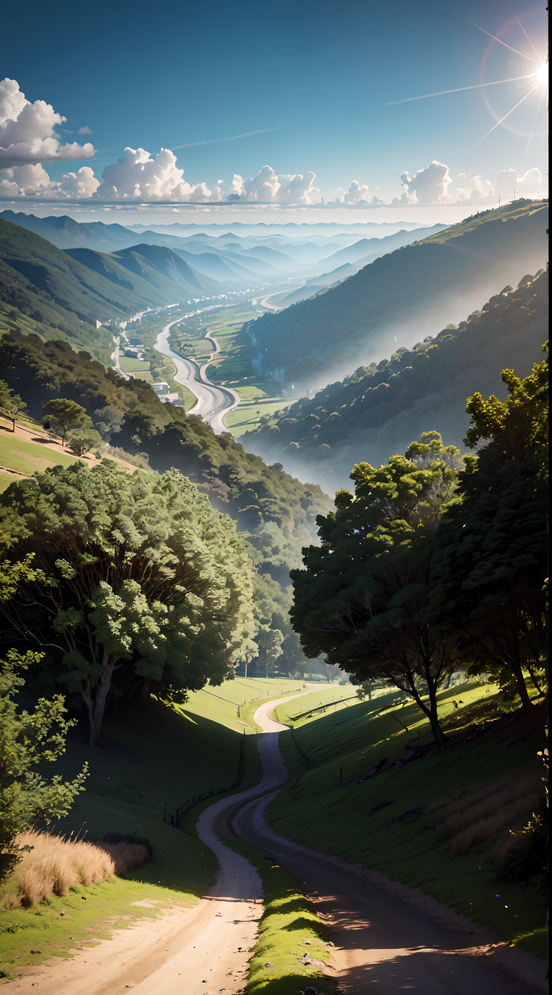 paisagem surreal, no campo, amanhecer do dia, 8k. ultra hd, hdr 10 lua cheia