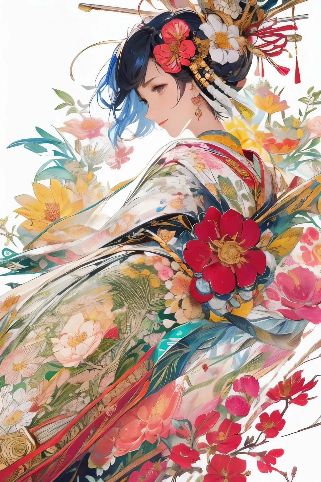 (masterpiece、top-quality、top-quality、Official art、Beautifully Aesthetic:1.4)、Painterly、sketch、Texture、超A high resolution、独奏、Beautuful Women、A highly detailed、(Fractal Art:1.1)、(colourfull:1.1)(florals:1.6)、The most detailed、(Zentangle:1.2)、(Dynamic Poses)、(Abstract background:1.2)、(shinny skin)、(Many colors:0.8)、(耳环:1)、(pluma:0.9)、Taisho romance