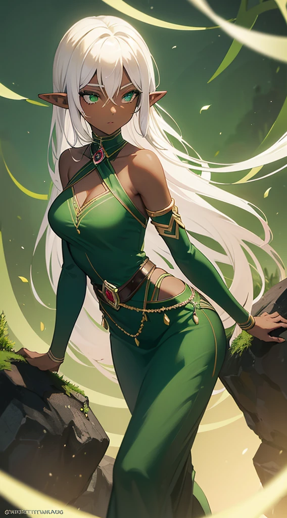 (8k ultra HD quality, best quality, 1 woman, alone, dark-skinned woman, elf, long white hair, beautiful face, blushing cheeks, beautiful woman, beautiful face, perfect eyes, beautiful eyes, lip gloss, beautiful lips, detailed , detailed eyes, detailed face, artwork, large breasts, sexy, elf costume, elf queen of the magical forest, portrait, magical nature, flowers, parted lips, dark eyes, looking at viewer, enchanted forest background, breasts huge, small sample, sexy, wallpaper, elf goddess