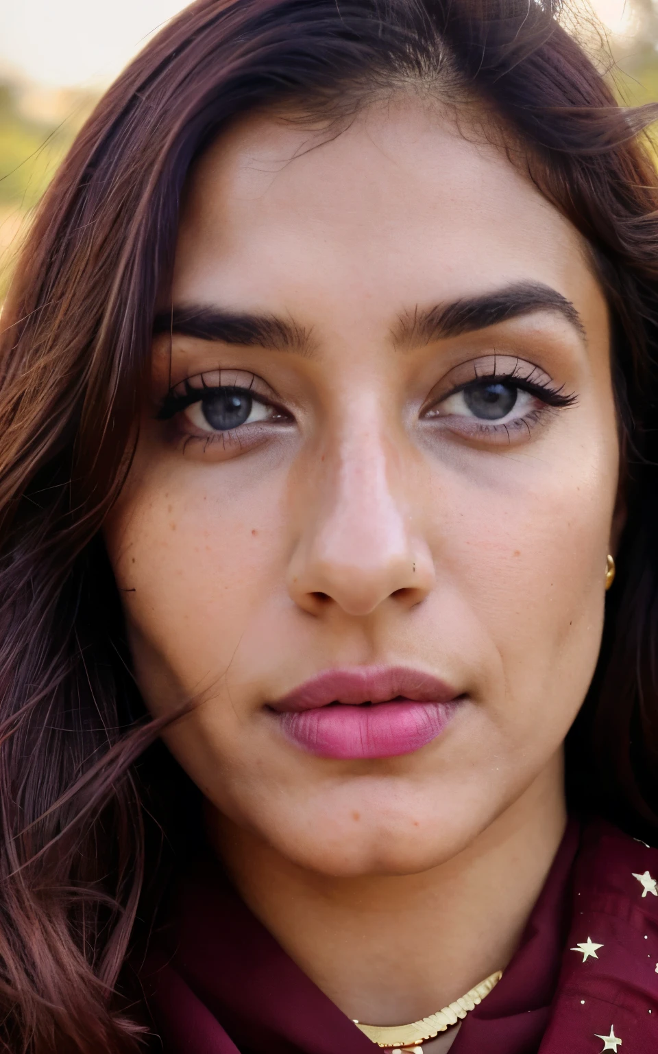 photorealistic, best quality, hyper detailed, beautiful pakistani woman, upper body,burgundy hair,blue eyes,solo, wearing traditional clothes, outdoors, stars, moon, (cheerful, happy), clear sky, analog style, looking at viewer, skin texture, film grain, close up, ultra high res, best shadow, RAW, instagram LUT