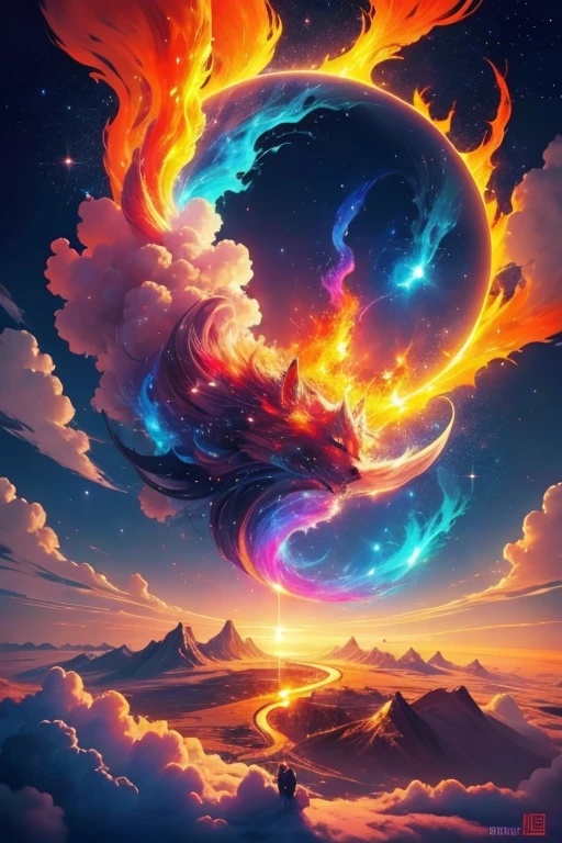 Brightly colored fire clouds，Phoenix shape，There are colorful clouds around，dream magical