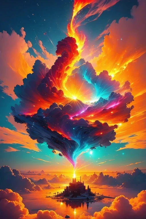 Brightly colored fire clouds，Phoenix shape，There are colorful clouds around，dream magical