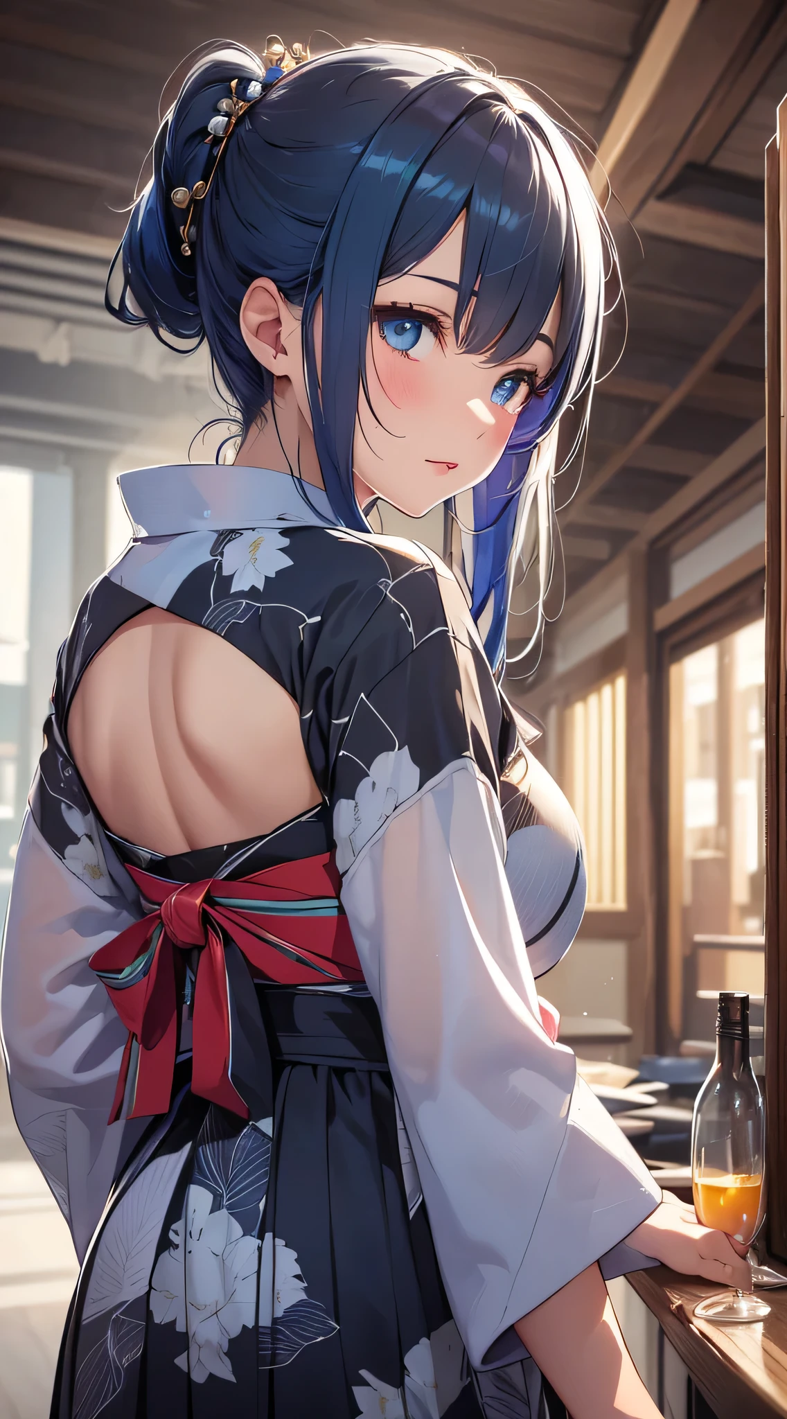 top-quality、Top image quality、​masterpiece、teens girl((18year old、 Ager、Best Bust、Medium bust,wide open breast tea、light blue eyerest, Black and light blue hair、A slender,Large valleys、dye one's cheeks red、Black yukata、running motion)),hiquality、Beautiful Art、Background with((Inside the inn、Night Hostel、jpn、skyrocket))、masutepiece、depth of fields、movie、