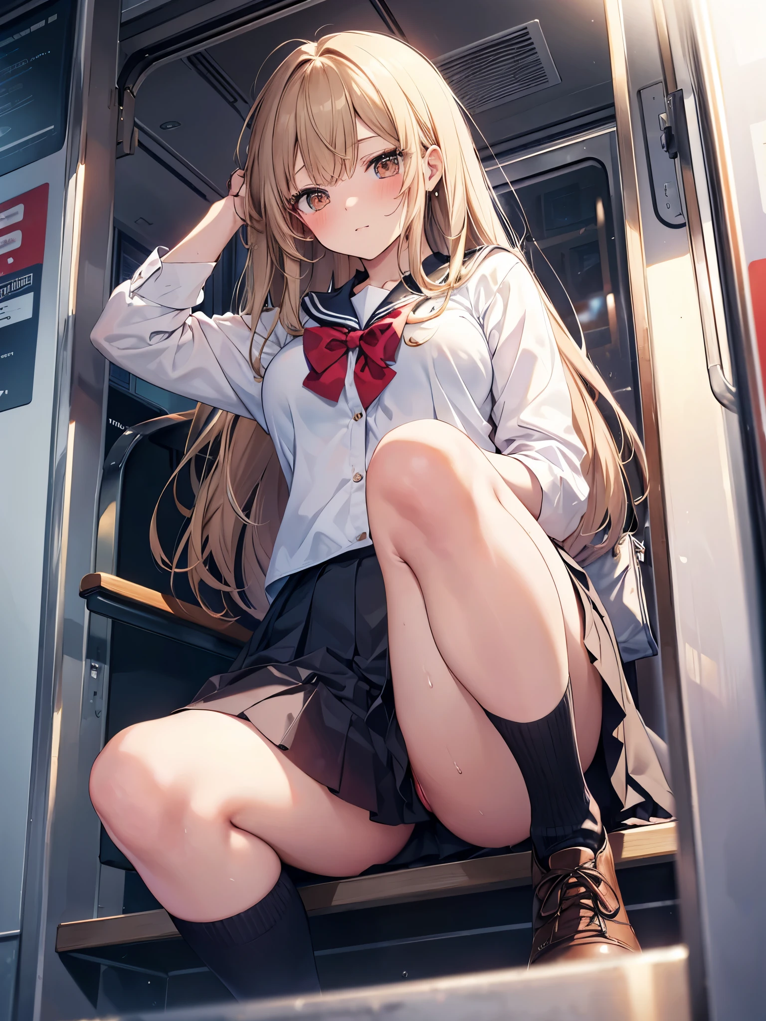 Perfect quality, masutepiece, 16 K, (From below:1.8), Beautiful girl sitting on train , Light brown long hair, High School Uniform, Brown eyes, Sweat, blushed face, Plump breasts, Open her legs, Looking at Viewer,