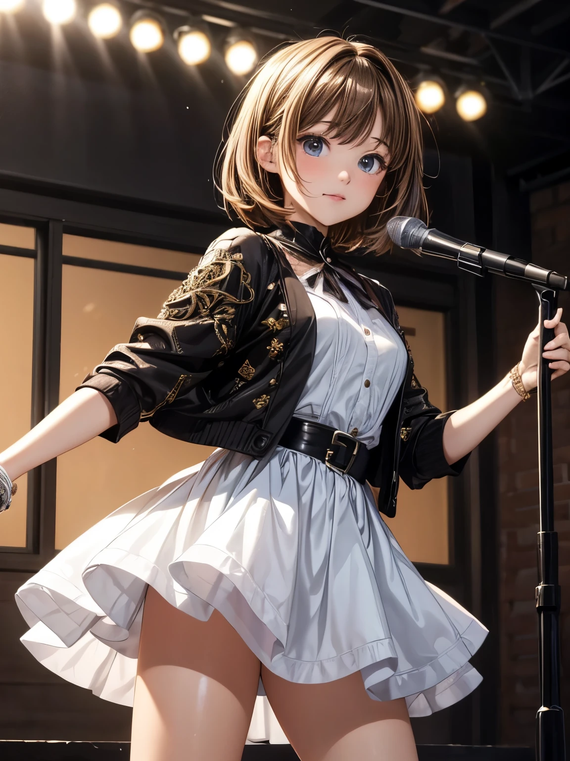 ((masterpiece)), ((best quality)), (ultra-detailed), ((extremely detailed)), 4K, (8K), best quality, (beautiful), anime style, full body, focus on the face, full body focus, Live performance venue, a cute girl, 1girl, solo, idol, young entertainer, beautiful light brown hair, beautiful brown eyes, ((beautiful eyes)), short hair, light smile, shiny-glistening, gleaming,professional lighting